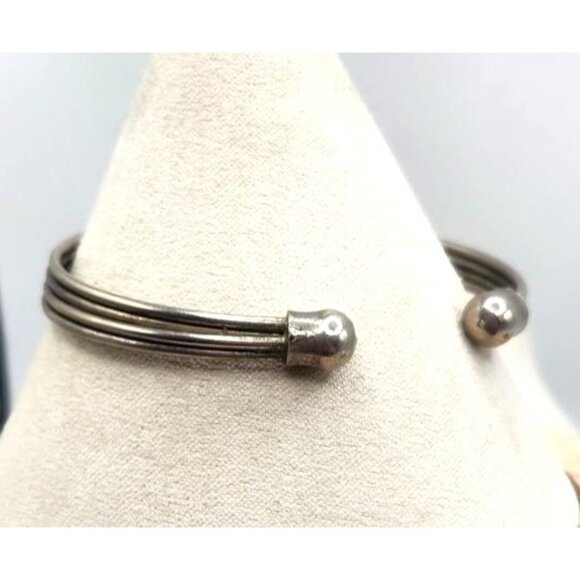 Multi Layered Wire Cuff Bracelet With Ball Cap Ends - Silver Tone - Picture 3 of 3
